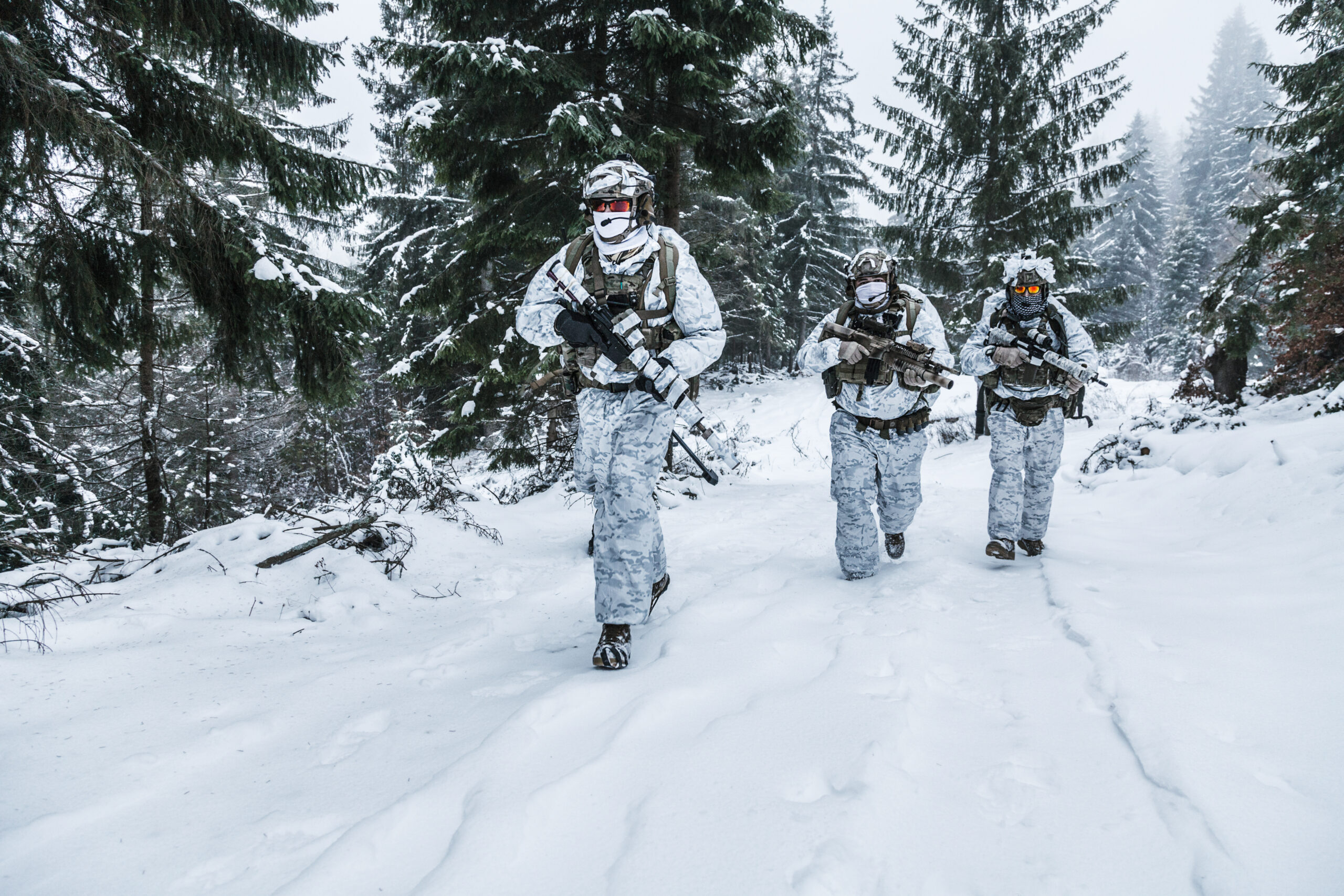 Squad of soldiers in winter forest